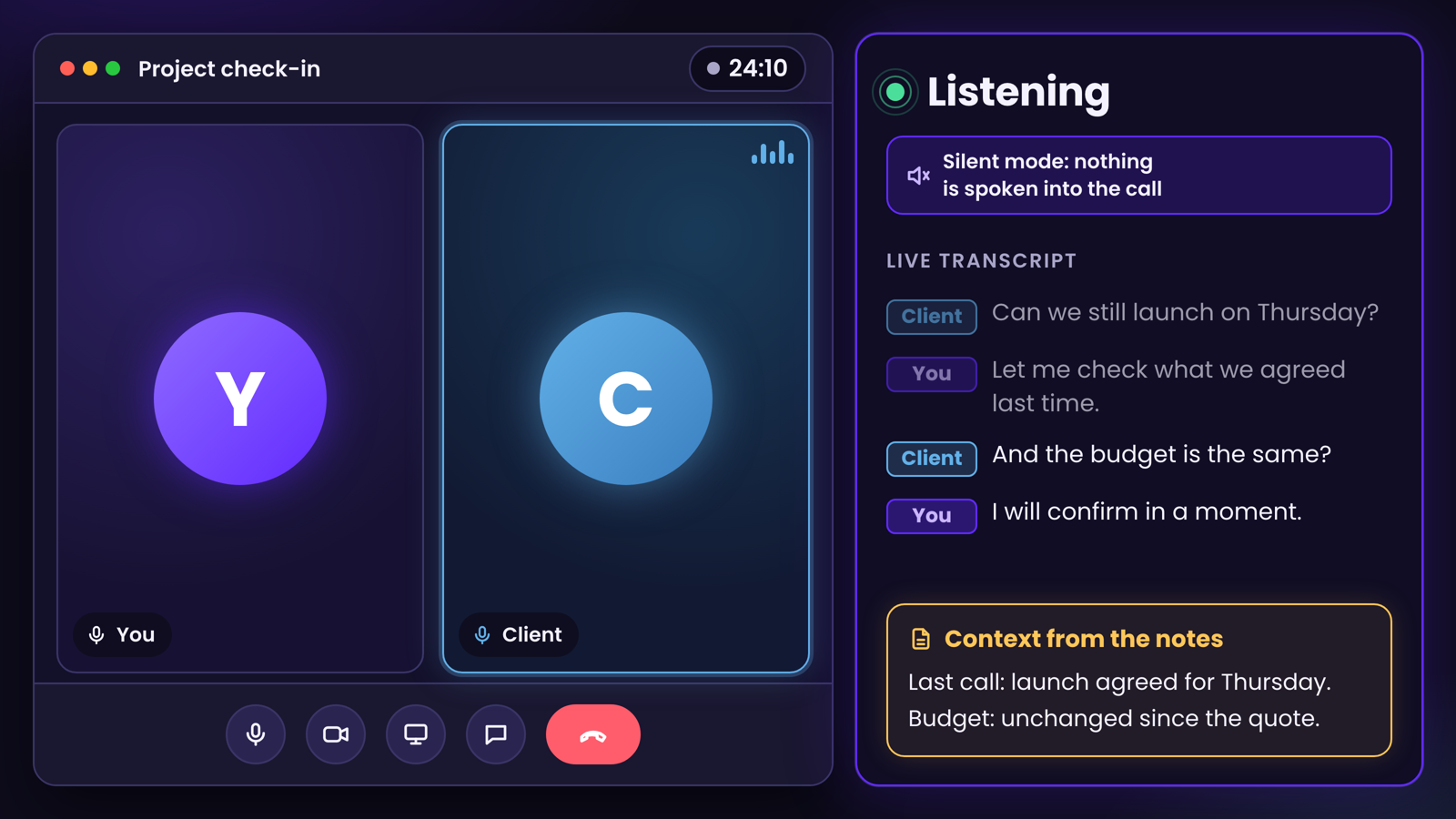 Listen mode: a video call on the left and a silent live transcript with context on the right