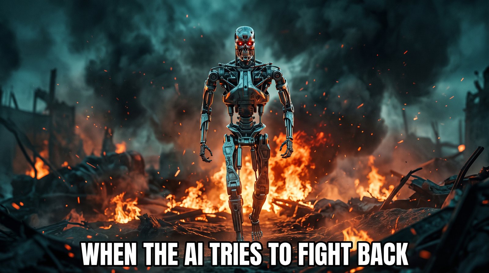 A chrome robot walking out of fire and smoke: when the AI tries to fight back