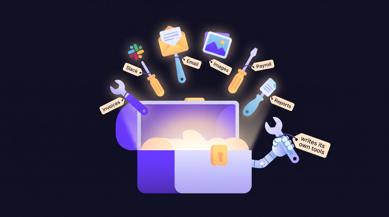 An open toolbox with labelled tools: invoices, Slack, email, images, payroll, reports